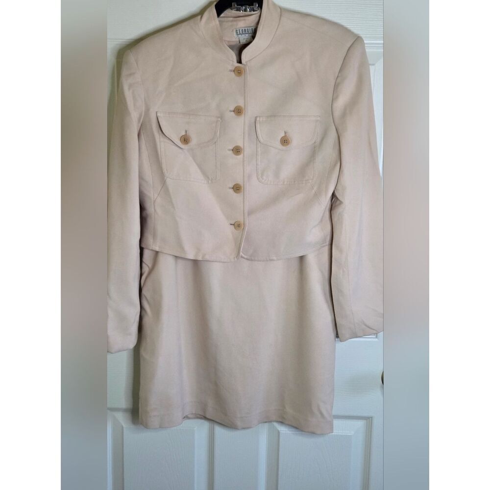 Vtg Georgiou Studio 10 Beige 100% SILK 2 Pieces Jacket& Skirt Women's Skirt Set